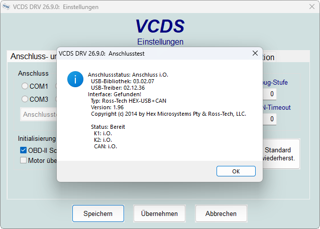 VCDS > Einstellungen > Test